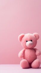 An isolated pink teddy bear holding a heart, standing against a soft background, evoking a sense of tenderness