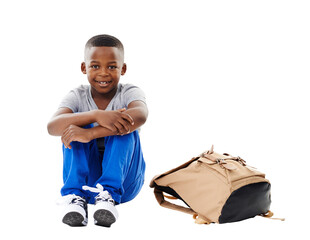 Happy, student and portrait of child with bag on isolated, png and transparent background. Back to...