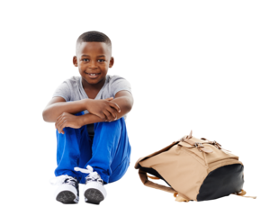 Happy, student and portrait of child with bag on isolated, png and transparent background. Back to school, education and young boy sitting on floor with backpack for learning, class and development