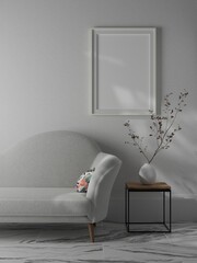 white picture frame vertical mockup on white wall. White living room design. View of modern style interior on wall. Home minimalism concept 3D rendering
