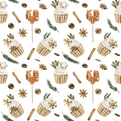 Watercolor seamless pattern with Christmas cupcakes with cinnamon, pine branches, anise, gingerbread cookies on white