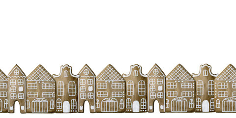 Gingerbread houses with white icing. Seamless hand painted watercolor illustration isolated on...