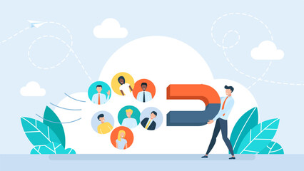 Businessman with magnet and people in run to it, customer acquisition and marketing. Search and attraction of target audience, new subscribers. Social network promotion marketing. Vector illustration