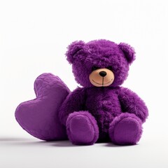 An isolated purple teddy bear cuddling a heart-shaped plush toy, evoking a sense of enchantment and tenderness