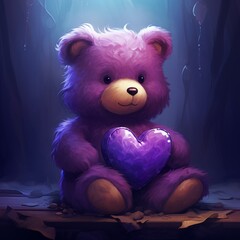 An isolated purple teddy bear sitting beside a delightful purple heart, exuding a sense of enchantment