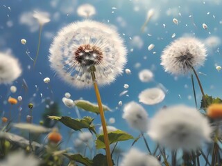 White dandelion flower in the morning, cartoon style