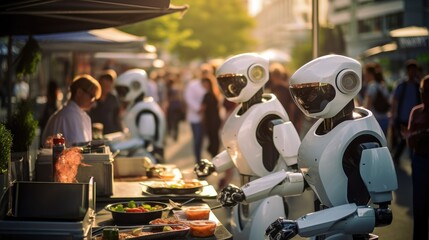 Obraz premium Service robots equipped with artificial intelligence serving food at an outdoor food market, showcasing futuristic technology integration in daily life.