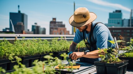 Urban farmer attentively tending to a rooftop garden in the city, nurturing a variety of green plants under the bright daylight.
