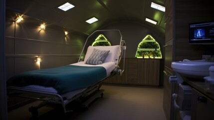 Futuristic hospital room with a single bed and advanced monitoring equipment, designed with soothing lighting and a plant wall for a comforting patient environment.