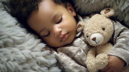 The healthcare idea illustrated: an infant sleeps on a modern couch with a small plush toy.