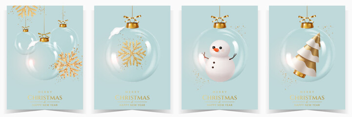 Set of Christmas card with glass transparent balls hanging on gold ribbon, with snowflake, snow, tree and snowman. - obrazy, fototapety, plakaty