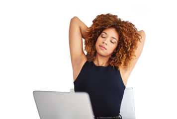 Black woman, relaxing and laptop for office job, employee and isolated on transparent png background. Businesswoman, stretching and technology for occupation, workplace and creative company staff