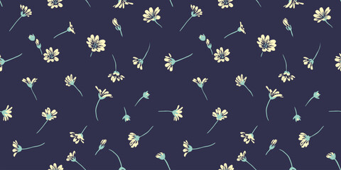 Fototapeta premium Seamless simple, gently tiny branches buds flowers pattern. Vector hand drawn sketch. Floral brush print on a dark background. Design for fashion, fabric, wallpaper.
