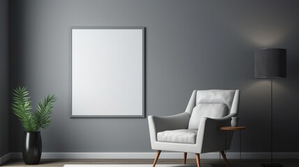 Redefine your interior with a 3D ed photo frame and mockup, creating a visual masterpiece against a muted gray wall.
