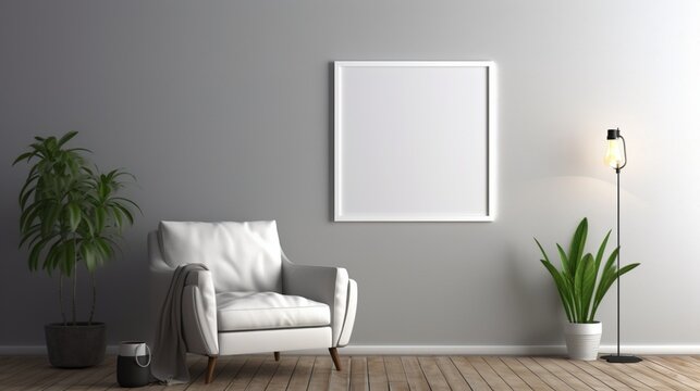 Redefine your interior with a 3D ed photo frame and mockup, creating a visual masterpiece against a muted gray wall.