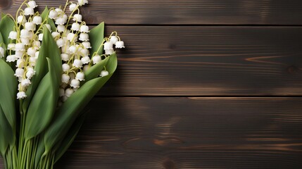 Elegant Lily of the Valley Bouquet on Dark Wooden Background with Space for Text