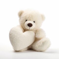 An isolated white teddy bear cuddling a heart-shaped plush toy, evoking a sense of comfort and tenderness