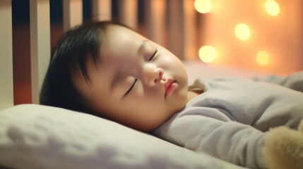 In a child's room, a content baby rests comfortably in a warm bed.