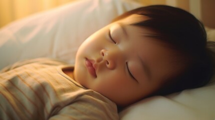 Obraz na płótnie Canvas A cozy bed in the kid's room cradles a peacefully sleeping baby.