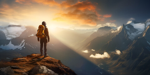 Man s shadow admires setting sun from mountain peak silhouette concept Hiker on the top of the at sunset Travel and adventure Successful hiker hiking a mountain pointing Digital illustration