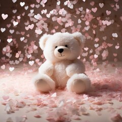 An isolated white teddy bear sitting on a fluffy rug, surrounded by heart-shaped confetti, creating a playful and romantic setting
