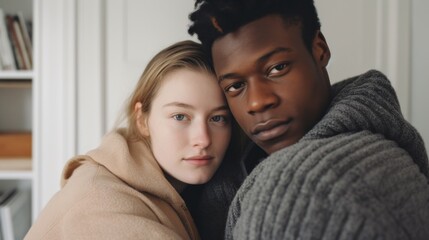 Obraz premium Embracing diversity, a happy couple of mixed skin tones enjoy each other's company.