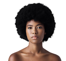 Portrait, afro and black woman with skincare, makeup and dermatology isolated on a transparent...