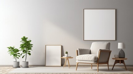 Step into the serene atmosphere of a canvas mockup gracing a minimalist interior background, featuring an armchair and rustic decor.