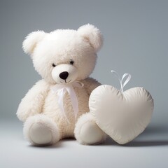 An isolated white teddy bear sitting beside a delicate white heart, exuding simplicity and purity