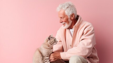 Aged man and his feline companion against a beige backdrop.
