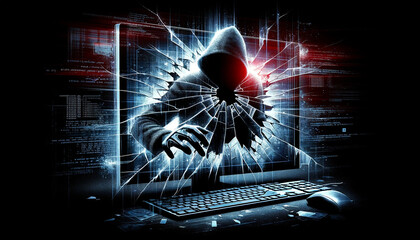 An artistic representation of a hacker's silhouette breaking into a computer. The silhouette is mysterious and shadowy, shaped like a person engaged  - obrazy, fototapety, plakaty