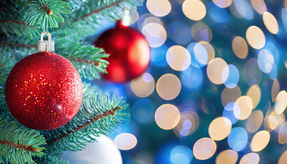 Fototapeta na wymiar Closeup of red bauble hanging from Christmas tree