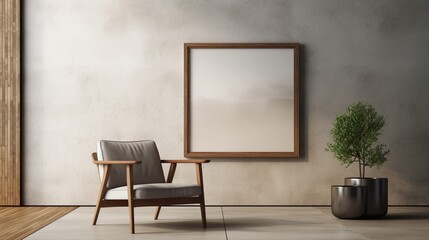 Dive into the simplicity of a canvas mockup within a minimalist interior background, adorned with an armchair and rustic decor. 