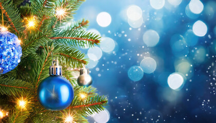 Obraz na płótnie Canvas Closeup of blue bauble hanging from Christmas tree