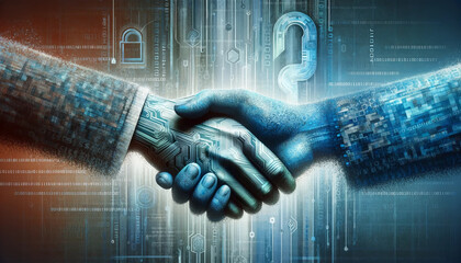 A digital artwork depicting two hands engaged in a handshake, symbolizing secure online transactions.