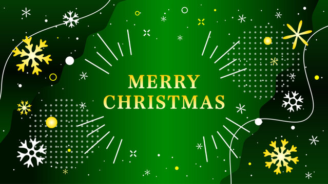 メリークリスマスの英語の文字、キラキラした雪の結晶と緑色の背景。ベクターイラスト素材
