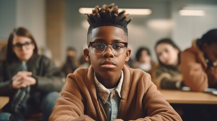Conveying a feeling of loneliness, a teen boy sits at a classroom table, looking sadly at the camera. - obrazy, fototapety, plakaty