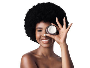 Portrait, cream or black woman with skincare, beauty or dermatology isolated on transparent...