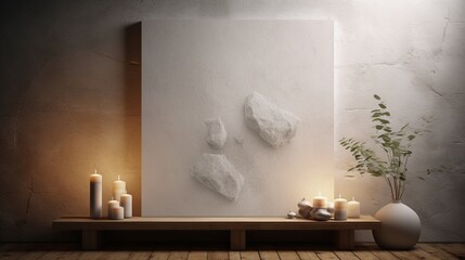  canvas mockup in a minimalist texture background, complemented by stone and rustic decor. Presenting the canvas mockup in a modern display setting.