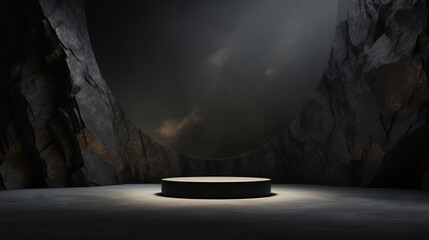 A minimal black dark circle podium, set against a rough surface resembling a rock meteorite...