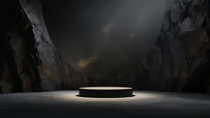  A minimal black dark circle podium, set against a rough surface resembling a rock meteorite mountain.  © Mehreen