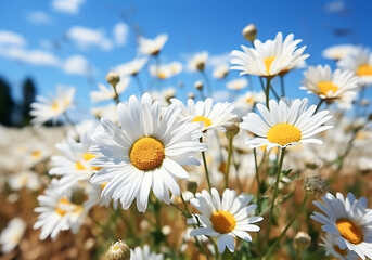 Fototapeta premium Background of daisies field in spring with blue sky. AI generated