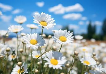 Background of daisies field in spring with blue sky. AI generated