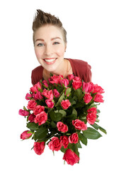 Isolated woman, bouquet and roses from above, portrait and smile with present by transparent png background. Girl, model and person with flowers, bush and plants with smile for valentines day gift