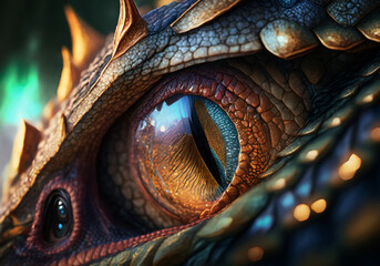 hyper realistic 3d illustration of dragon eye in closeup view