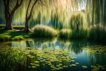 A peaceful pond surrounded by weeping willows, their branches gently swaying in the breeze on a tranquil spring afternoon.