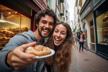 Selfies of a young smiling couple in love with street food in their hands