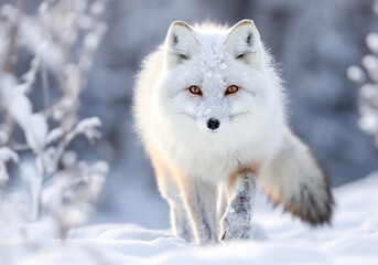 Obraz premium White arctic fox walking in the snow. AI generated