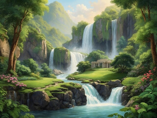 The scenery of trees with waterfall