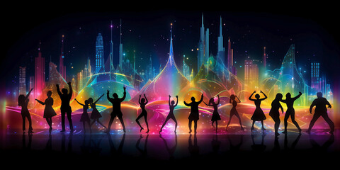 Silhouettes of a group of people dancing with neon lights and stars on dark background. Concept of fun and movement in the city. Feeling of excitement and joy in a vibrant and dynamic setting. - obrazy, fototapety, plakaty